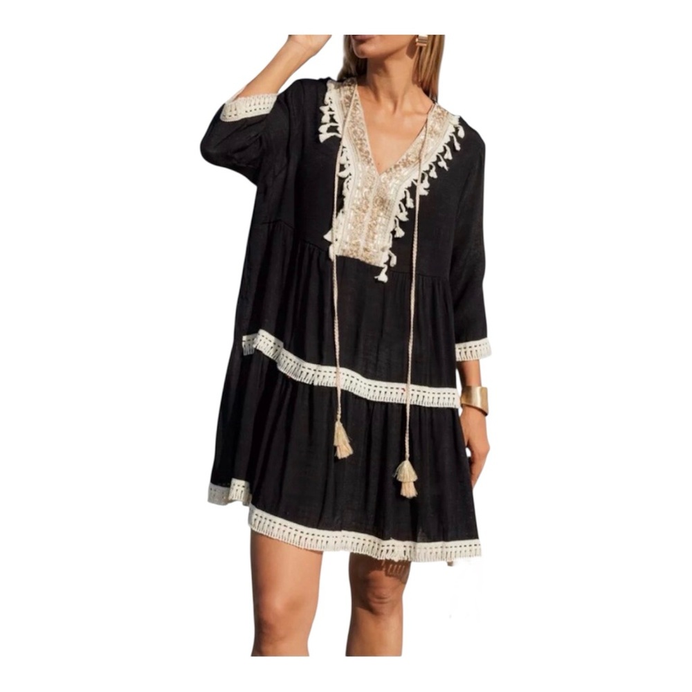 Topteam Monchen Black Boho Fringe Hippie Relaxed Mini Women’s Swim CoverUp Dress